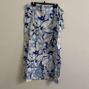 LOFT Blue White Floral Linen Blend Faux Wrap Midi Skirt Size 6 NWT
